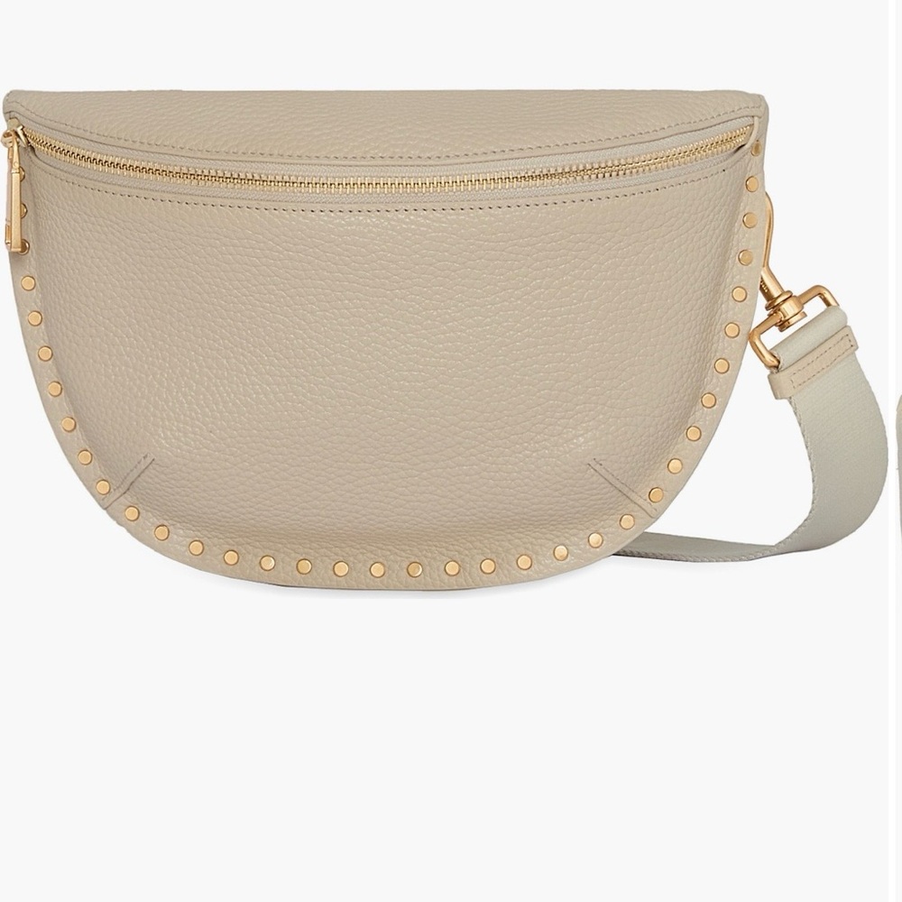 Beige Stud-Trim Leather Crossbody Belt Bag